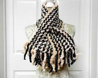 Hand Crocheted Pale Pink and Black Short Scarf with a Key Hole End with Fringe