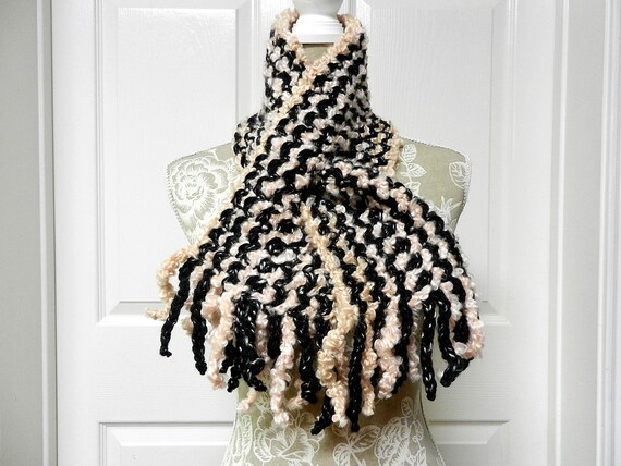 Hand Crocheted Pale Pink and Black Short Scarf with a Key Hole End with Fringe