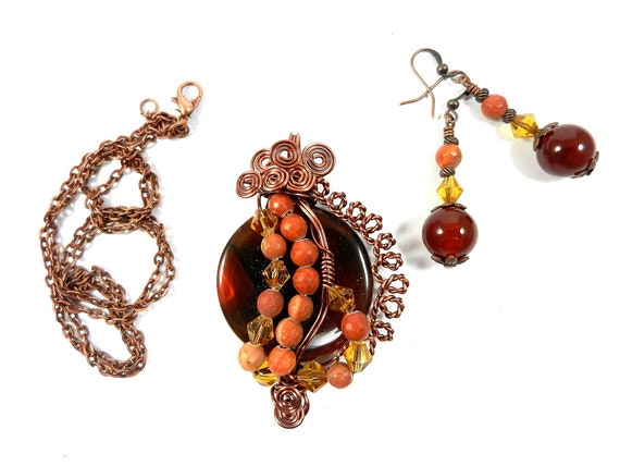 Copper Wire Wrapped Carnelian Round Coin Gemstone in Brown and Red with Matching Earring