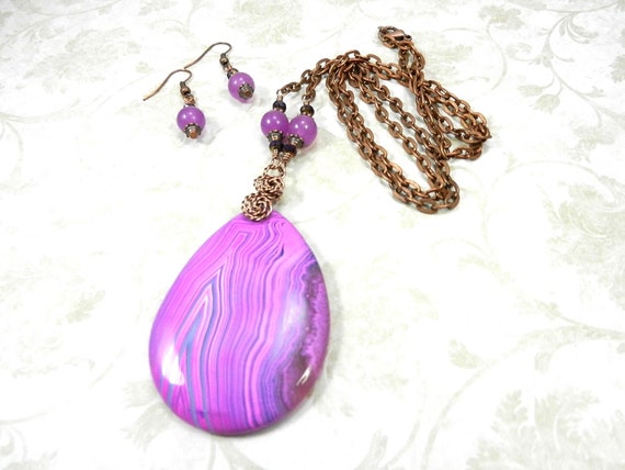 Pink Banded Agate Teardrop Pendant, Copper Wire Wrapped Pink Agate, Alexandrite Earrings, Jewelry Sets, Agate Necklace, Gemstone Earrings