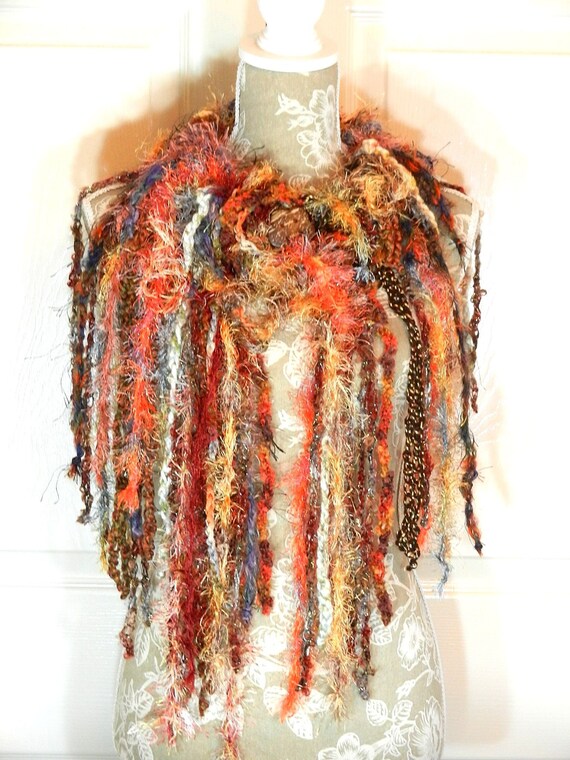 Orange and Brown Fluffy Long Tassel Short Neck Hand Crocheted Cowl Scarf, Orange Hand Crocheted Scarf, EC00063