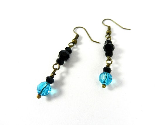 Turquoise Blue Crystal Dangle Earrings with Black Crystals