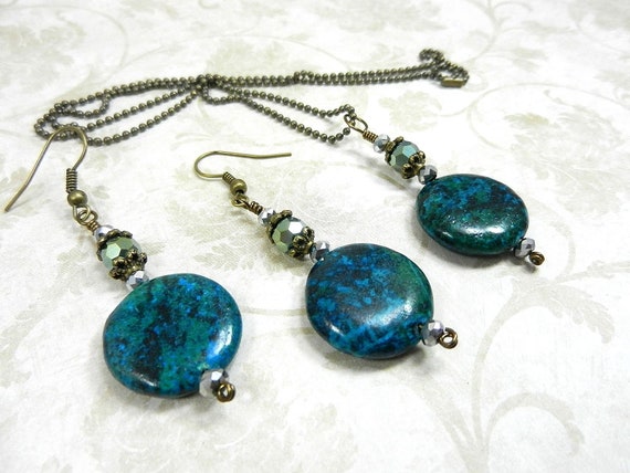Handmade Blue Green Chrysocolla Gemstone Necklace and Earrings on Bronze Chain with Crystals