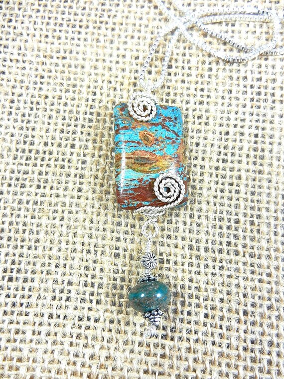Blue and Brown Jasper Silver Wire Wrapped Rectangle Gemstone Pendant Necklace with Turquoise Earrings, Turquoise Earrings, Wire Wrapped Gem