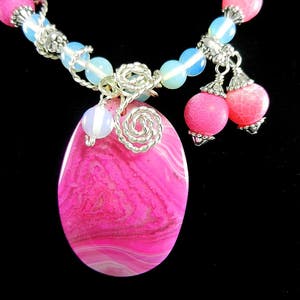 Pink and Cream Agate Pendant with Moonstones and Matching Earrings, Pink Gemstone Necklace, Pink Gemstone Earrings