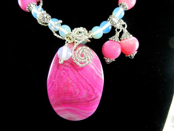 Pink and Cream Agate Pendant with Moonstones and Matching Earrings, Pink Gemstone Necklace, Pink Gemstone Earrings