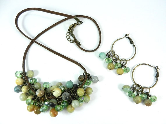 Amazonite Gemstone Beads on Brown Leather Necklace with Matching Earrings