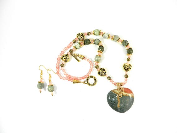Polychrome Jasper Heart Gemstone with Gold Beads Necklace with Matching Earrings