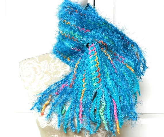 Hand Crocheted Short Scarf with a Key Hole End with Fringe in Turquoise Blue Orange Pink and Green