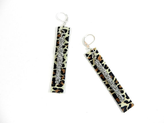 Leopard Faux Suede Leather Long Rectangle Earrings with Silver Crystals