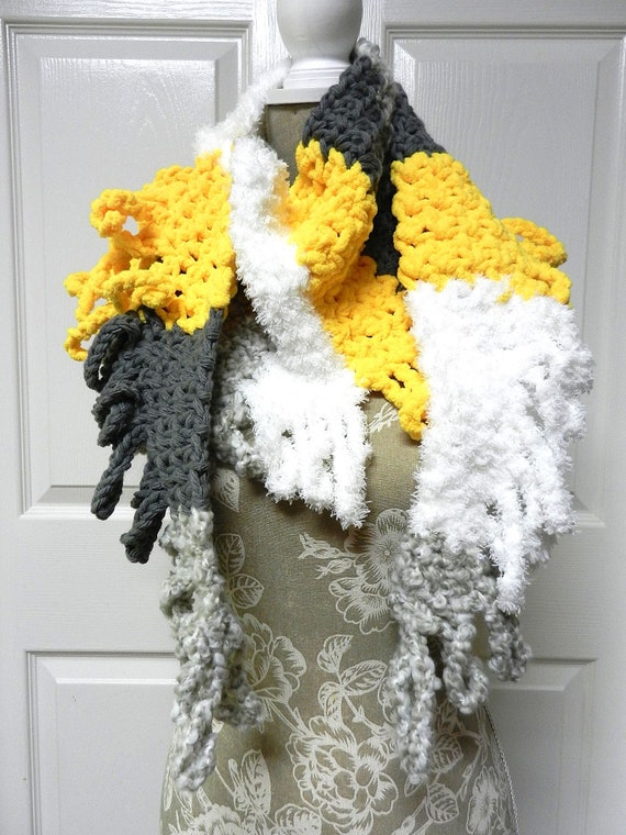 Hand Crocheted White Yellow and Gray Long Scarf, Yellow  White and Grey Crocheted Scarf, Fluffy Hand Crocheted Scarf, Yellow Scarf
