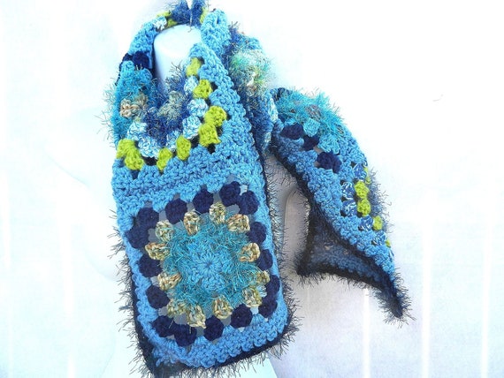 Sky Blue Granny Square Hand Crocheted Scarf with Browns and Greens