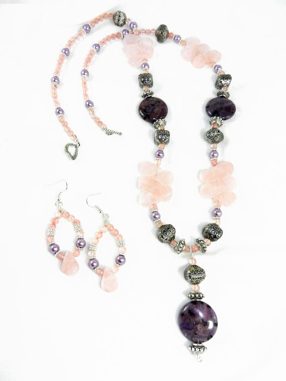 Purple Jasper and Rose Quartz Necklace and Earrings, Gemstone Necklaces, Gemstone Earrings, Silver Necklaces, Silver Earrings, Gemstones