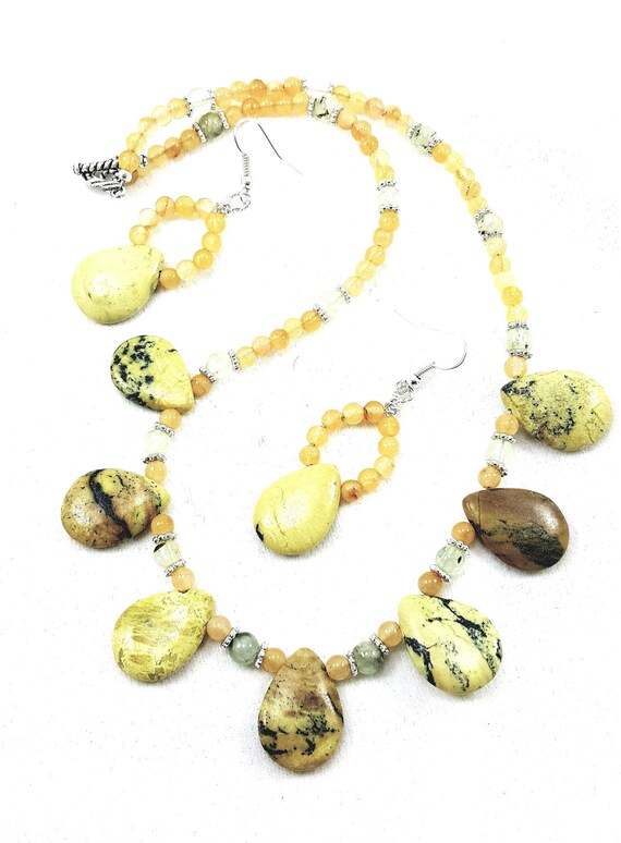 Yellow Green Blue Tear Drop Jasper and Jade Gemstone Necklace, Jasper Necklace, Jasper Earrings, Jade Necklace, Jade Earrings, Gemstone