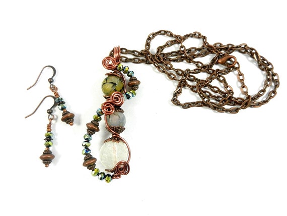 Copper Wire Wrapped Quartz Crystal and Dragons Vein Agate Gemstone Pendant with Matching Earrings