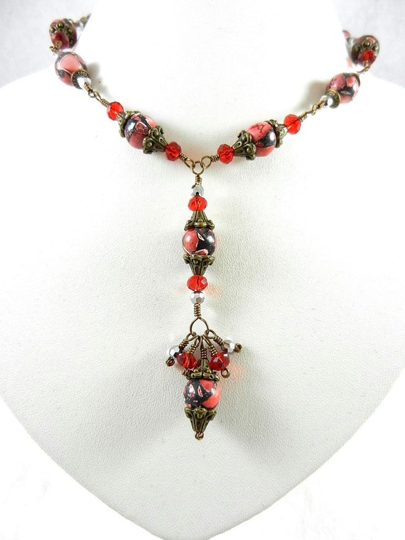 Red and Black Turquoise Bead Bronze Wire Wrapped Necklace and Earrings