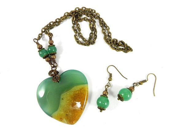 Bronze Wire Wrapped Geode Agate Heart in Gold and Green with Matching Aventurine  Earrings