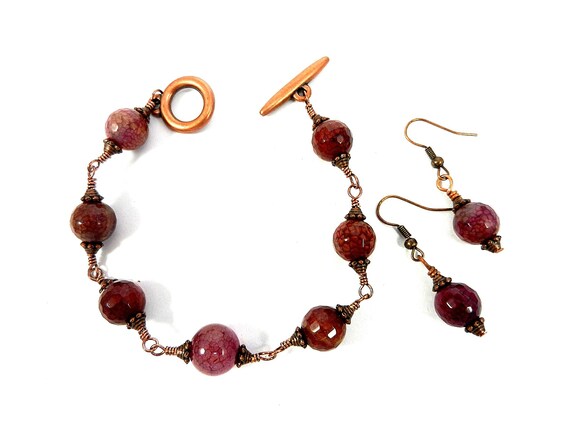 Brick Red and Purple Agate Gemstone Wire Wrapped Bracelet with Matching Earrings