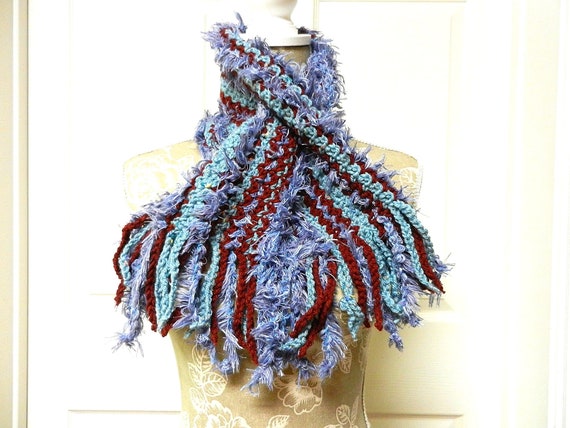 Fluffy Short Key Hole Scarf with Blue and Burgundy Yarns