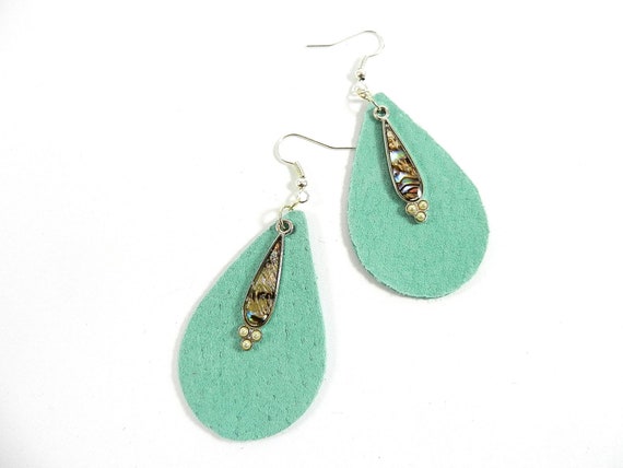 Aqua Blue Suede Teardrop Earrings with a Faux Abalone Shell Charm