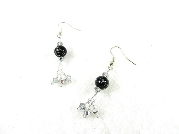 Silver Wire Wrapped Black Pearl with Gold and Silver Earrings with Silver Crystals