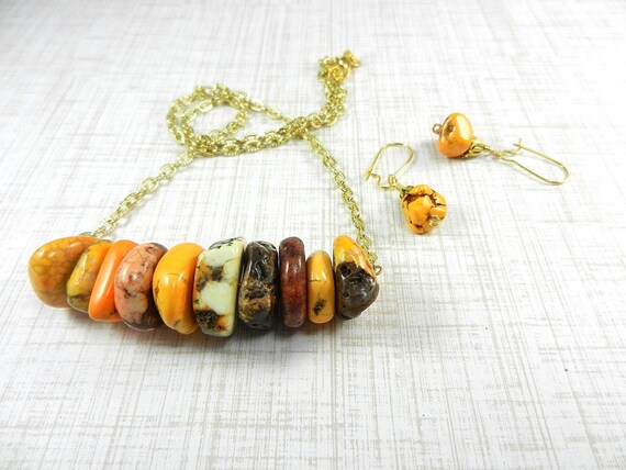 Turquoise Nugget Line Necklace with Matching Earrings in the Colors of Gold Green Brown and Cream