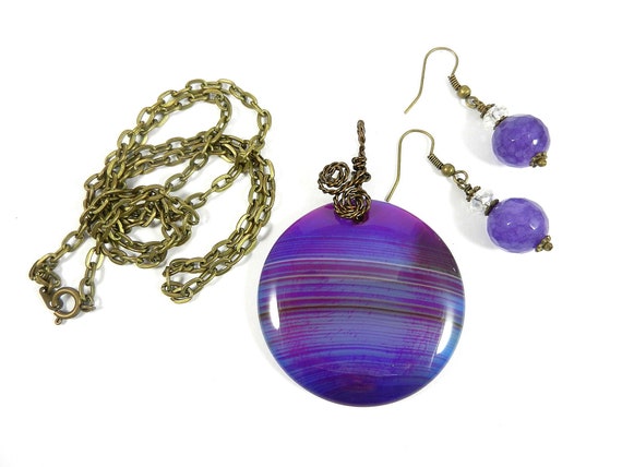 Purple Round Banded Agate Onyx Gemstone Wire Wrapped with Bronze Wire Wrapping and a Pair of Matching Purple Round Faceted Jade Earrings