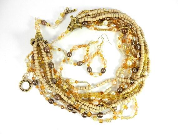 Tan and Gold Multi Strand Bead Necklace with Glass Pearls and Matching Earrings