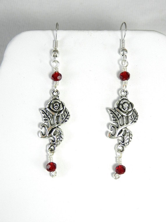 Silver Wire Wrapped Red Crystal and Silver Rose Earrings