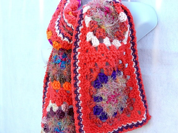 Coral Pink and Purple Crocheted Granny Square Scarf