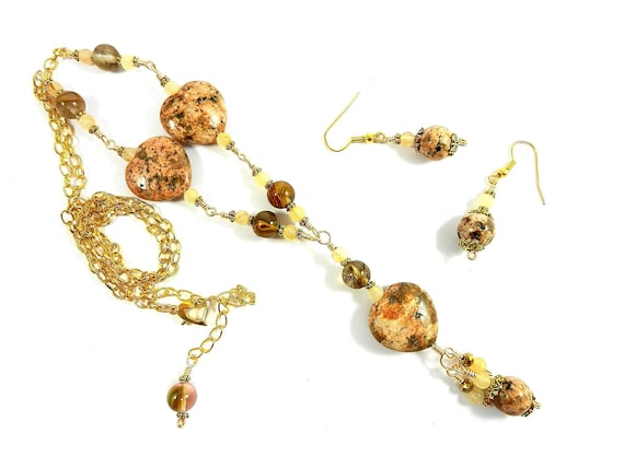 Gold Wire Wrapped Peach Jasper Heart Gemstone Necklace with Matching Earrings