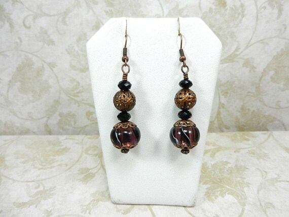 Purple Lamp Work Earrings with Copper, Copper and Purple Earrings, Copper Earrings, Purple Earrings, Lampwork Earrings
