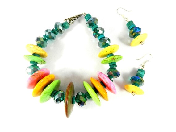 Green Orange Pink Brown and Yellow Turquoise Gemstone Bracelet and Matching Earrings