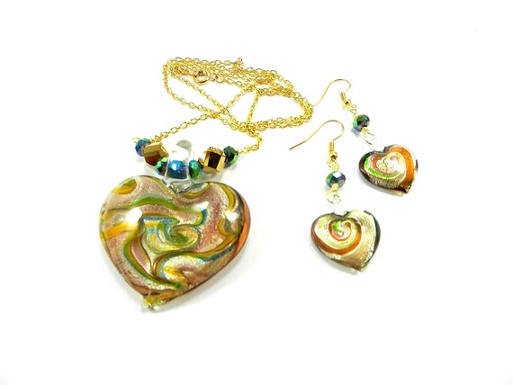 Lamp Work Bead Heart Pendant Necklace in Silver Green Bronze Yellow and Blue with Crystals and Matching Earrings