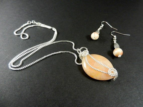 Silver Wire Wrapped Peach Agate Gemstone with Matching Jasper Earrings