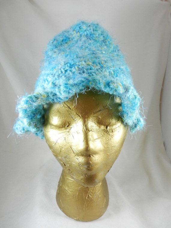 Fluffy Hand Crocheted Light Blue and Turquoise Bell Shaped Hat, Crocheted Blue Hat