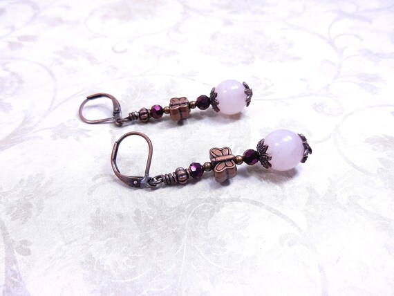 Rose Quartz and Copper Earrings, Rose Quartz Earrings, Copper Earrings, Butterfly Earrings, Dangle Earrings, Long Earrings, Metal Earrings