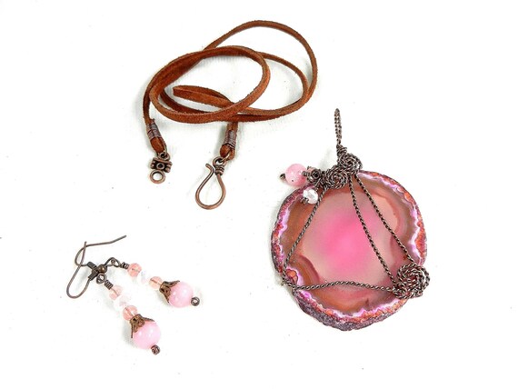 Fuchsia Pink and White Geode Agate Pendant with Morganite Earrings Wire Wrapped with Antique Copper Wire
