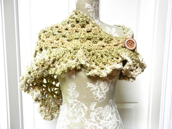 Tan Cream and Beige Hand Crocheted Shawl Scarf with a Ruffled Edge and Button Up Closure