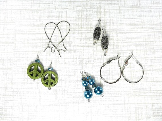 Green Peace Sign Earrings, Blue Pearl Earrings, Silver Bead Earrings, Enter Changeable Earrings, Silver Earrings, Turquoise Earrings,
