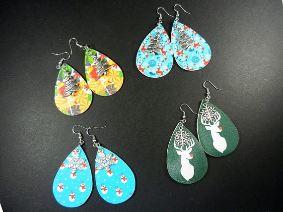 Faux Leather Teardrop Christmas Earrings with a Silver Charm