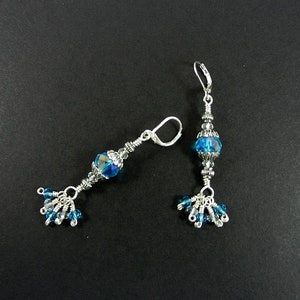 Silver Wire Wrapped Turquoise Faceted Crystal Dangle Earrings