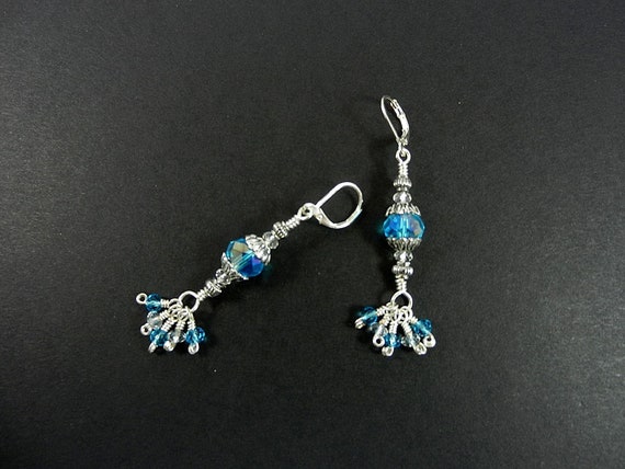 Silver Wire Wrapped Turquoise Faceted Crystal Dangle Earrings