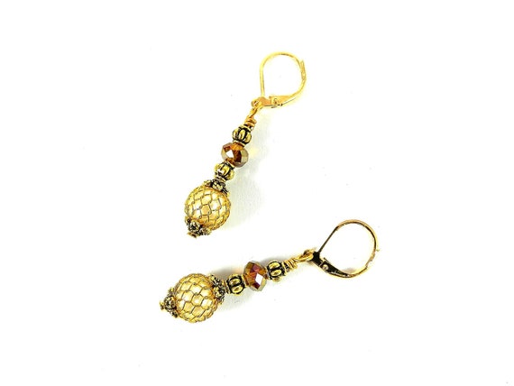 Gold Netted Pearls with Gold Crystal Earrings, Wedding Earrings