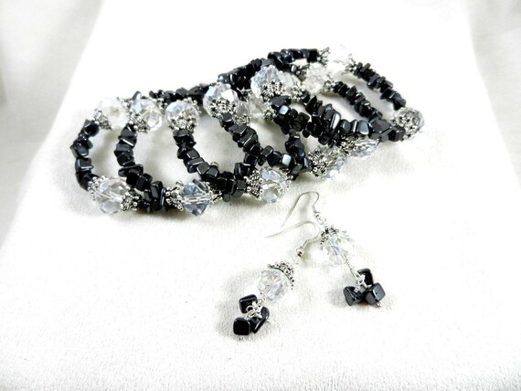 Hematite Memory Wire Bracelet with Large Clear Faceted Crystals and Matching Earrings