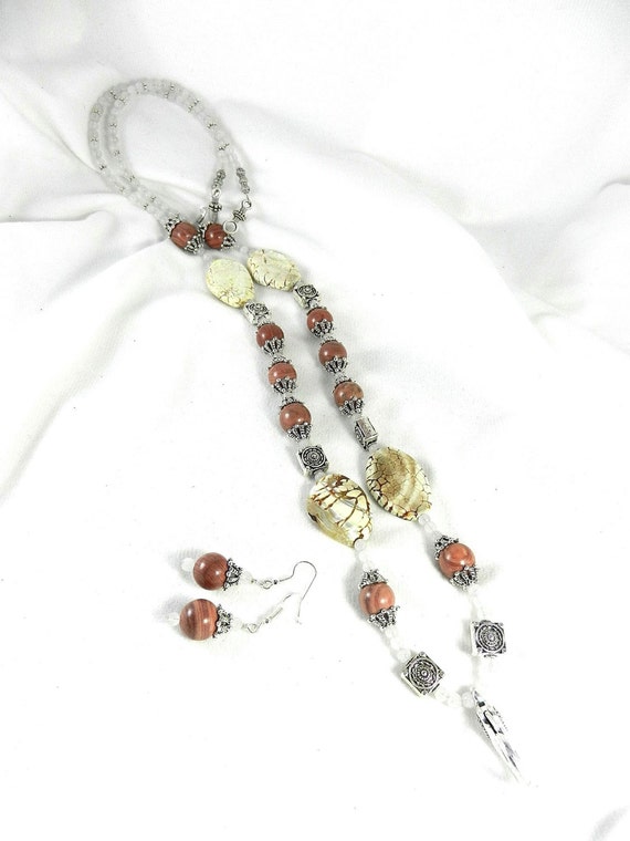 White Fire Agate  Picture Jasper and White Jade Lanyard Badge Holder with Matching Earrings