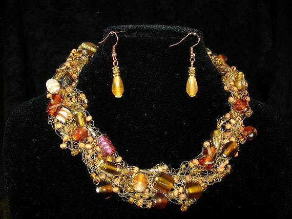 Gold Wire Crocheted Necklace with Amber Art Glass and Wood Beads with Matching Earrings