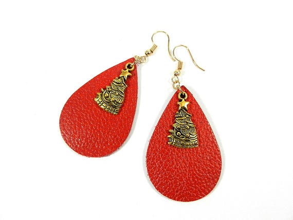 Red Suede Teardrop Earrings with a Gold Christmas Tree