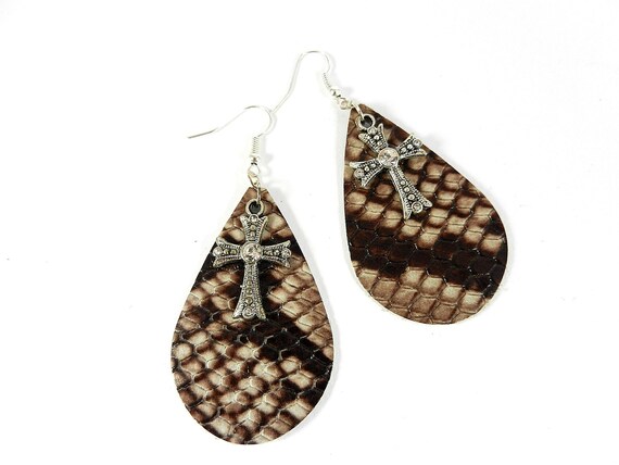Brown and Tan Leather Teardrop Shaped Earrings with a Silver Cross