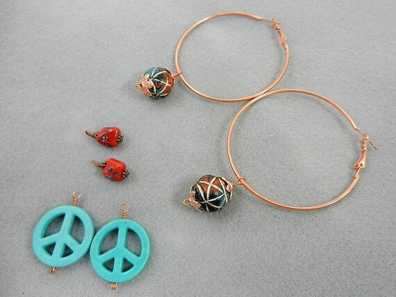 Large Copper Hoop Earrings, Copper Hoop Earrings with Turquoise Peace Signs, Copper Hoop Earrings with Red Beads, Copper Earrings, EE00026